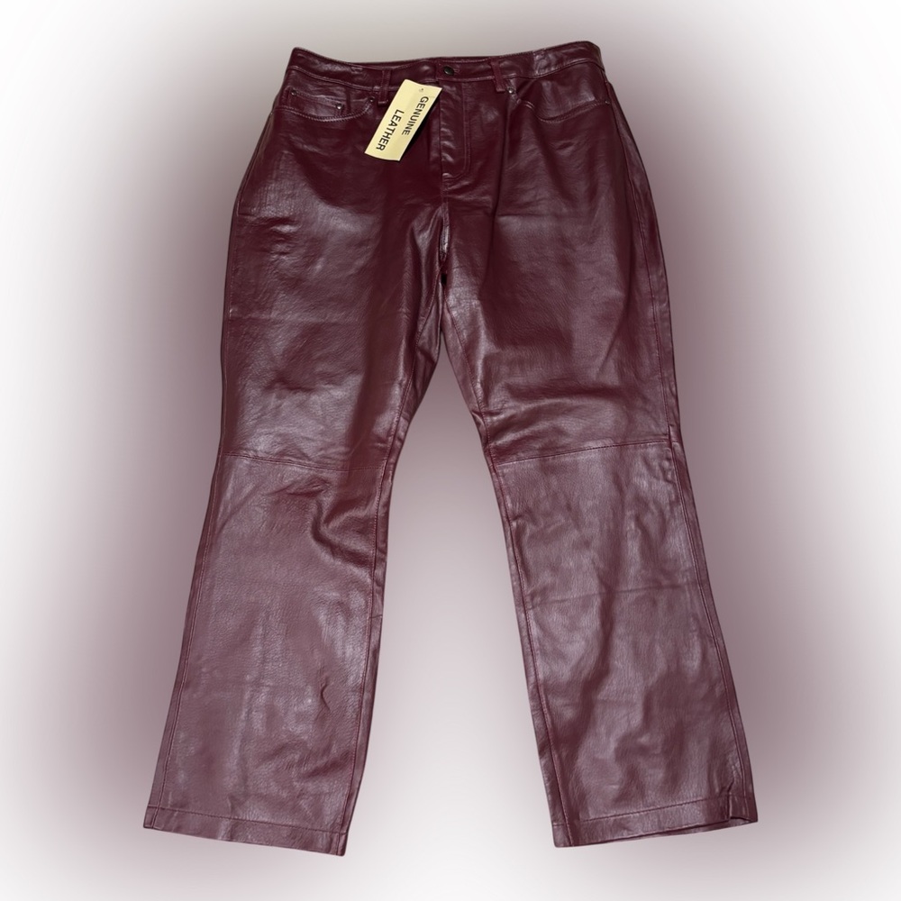 Jessica London Genuine Leather Pants Women Size 18W Maroon Straight Leg Moto NWT